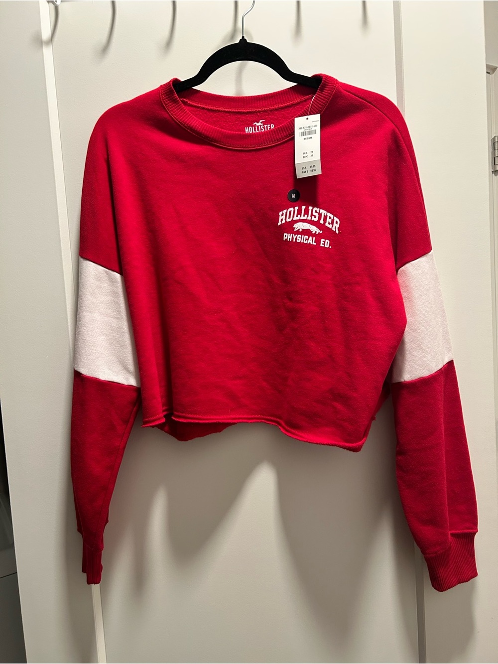 Hollister Red Cropped Sweatshirt with White Sleeve Panels